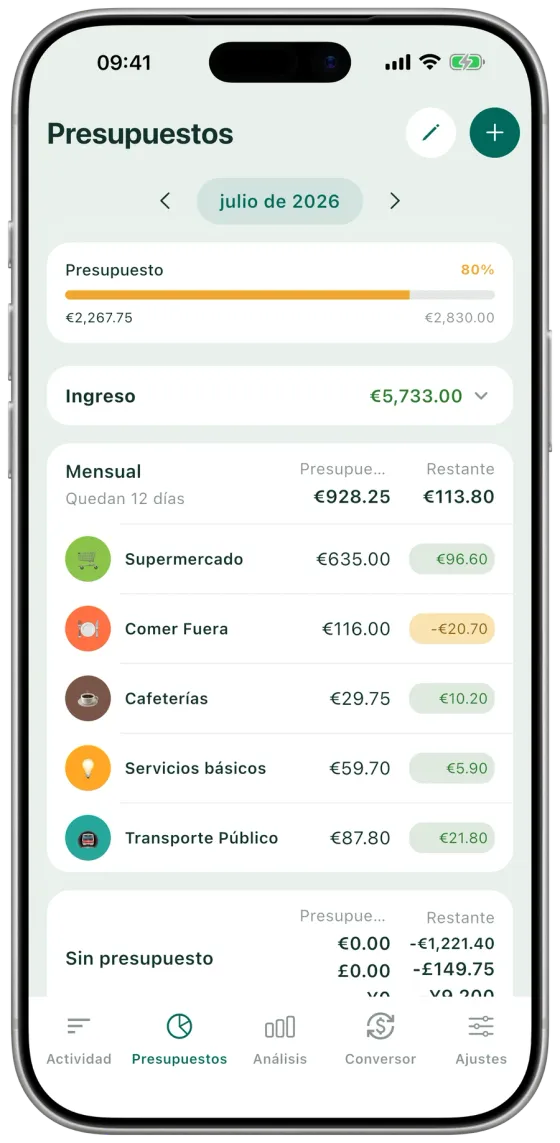 Pantalla de presupuestos de Expense Hunter con presupuestos mensuales y anuales por categoría e importes restantes