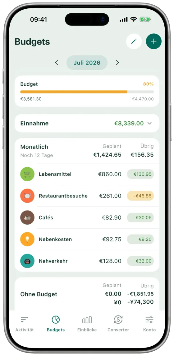Expense-Hunter-Budgetbildschirm mit monatlichen und jährlichen Kategorie-Budgets und Restbeträgen