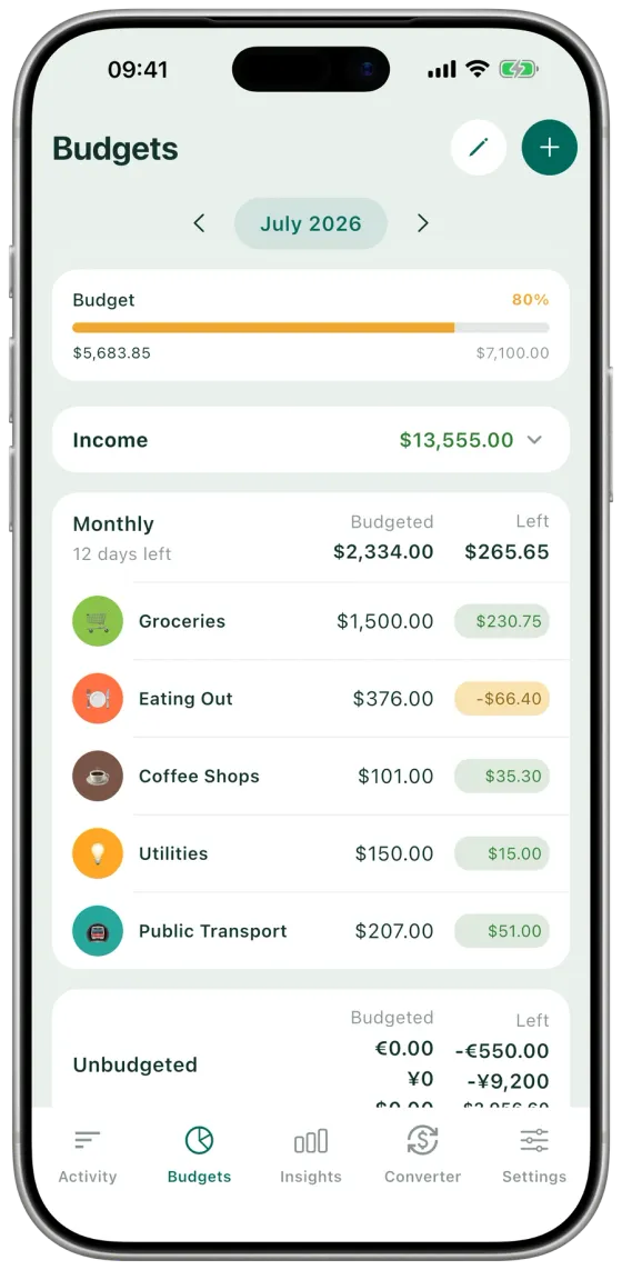 Expense Hunter budgets screen with monthly and yearly category budgets and remaining amounts