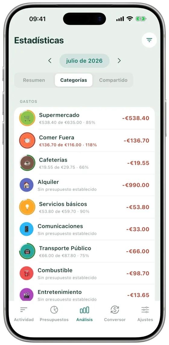 Estadísticas de categorías de Expense Hunter con progreso de presupuesto por categoría y subcategorías