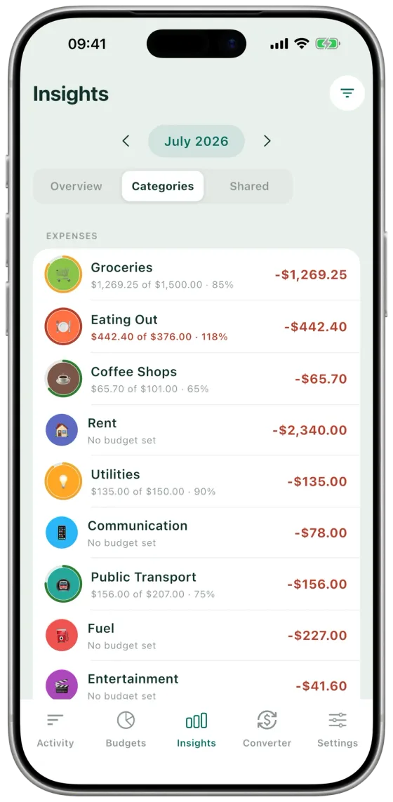 Expense Hunter category statistics with budget progress per category and subcategories