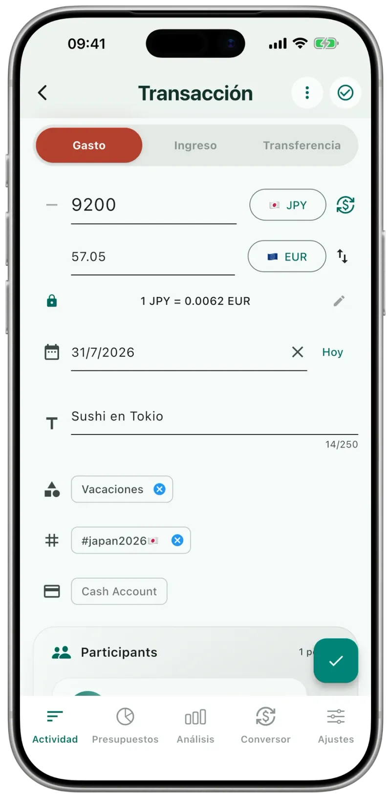 Formulario de transacción de Expense Hunter con selector de divisa, categorías, etiquetas y opciones de transacciones recurrentes