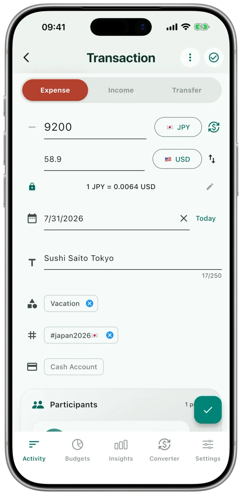 Expense Hunter transaction form with currency picker, categories, tags, and recurring options