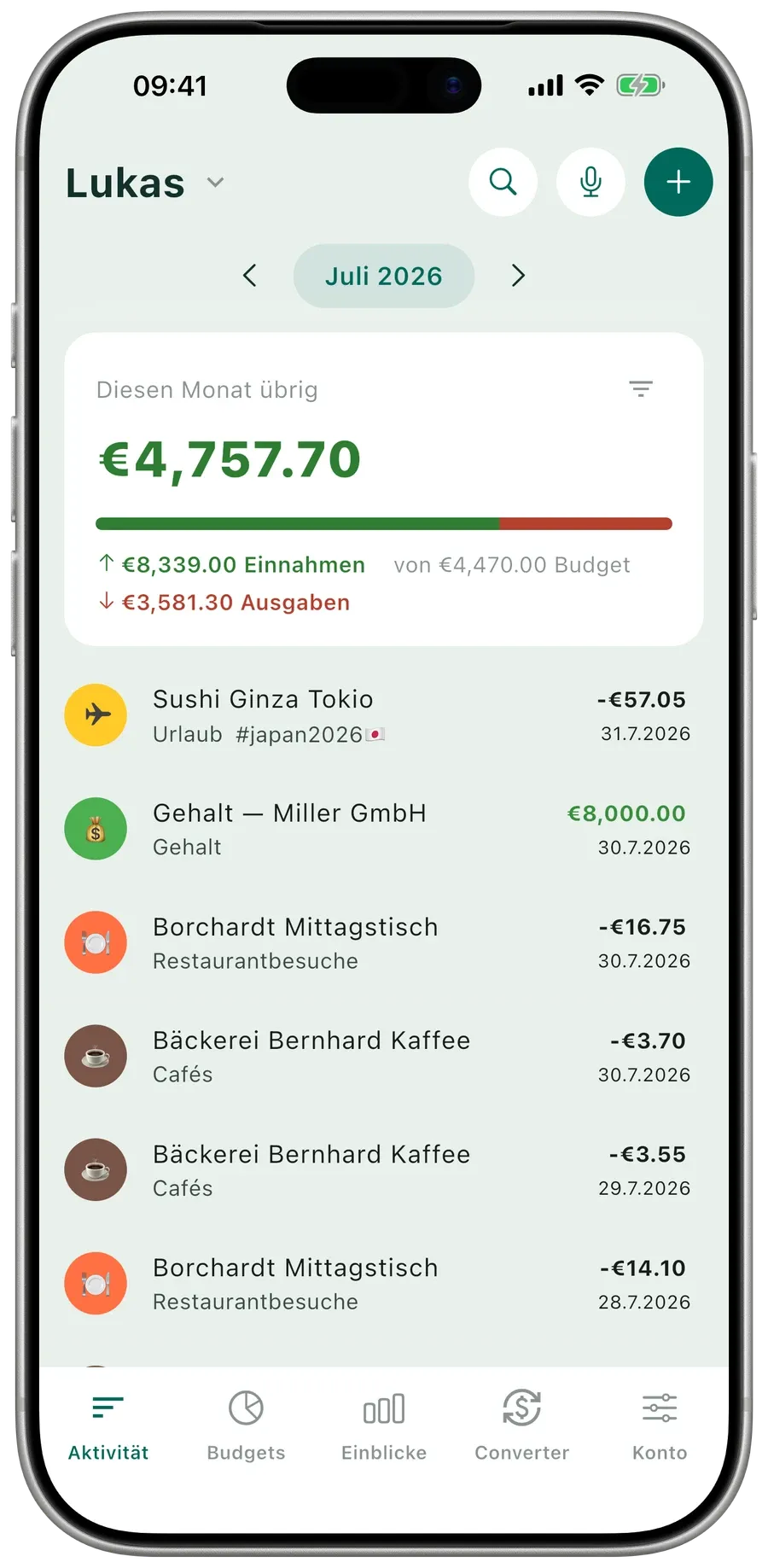 Expense-Hunter-Aktivitätsbildschirm mit dem verbleibenden Saldo dieses Monats, Einnahmen und Ausgaben sowie einer Liste kategorisierter Transaktionen