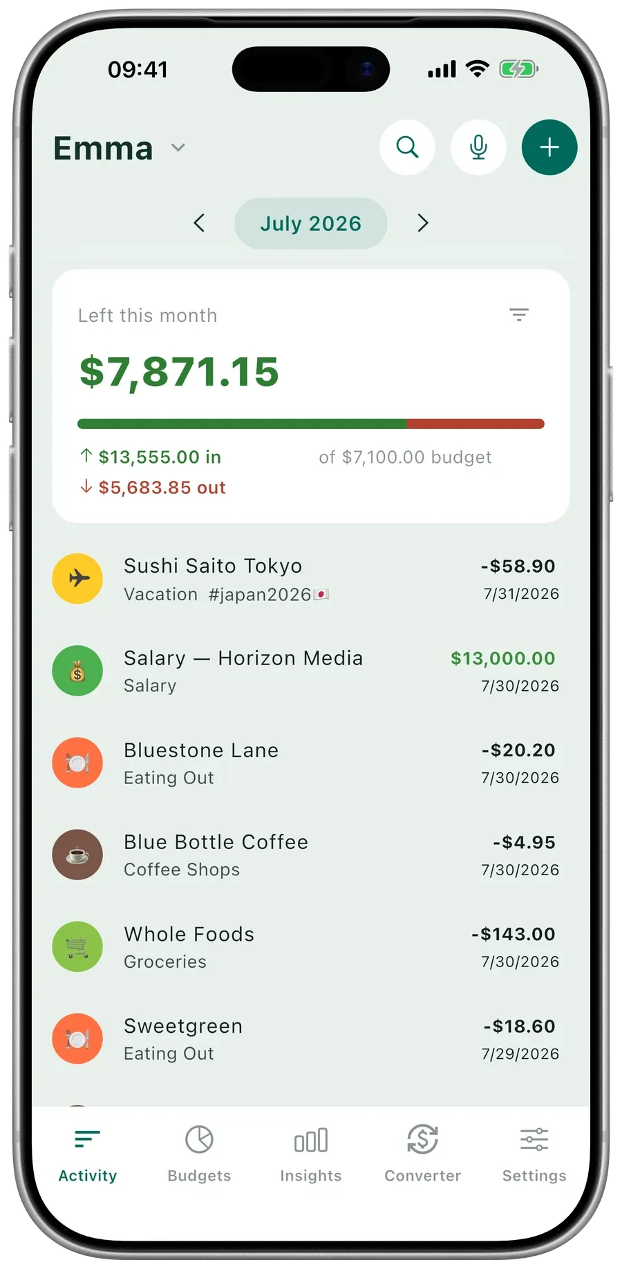 Expense Hunter activity screen showing this month's remaining balance, income and expenses, and a list of categorized transactions